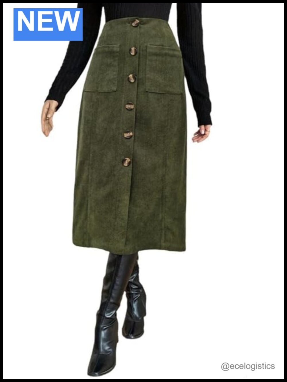 Fronage Womens Corduroy Skirt High Waisted Midi A-Line Pockets Fall Winter Work
